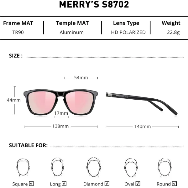 MERRYS Unisex Polarized Sunglasses for Women Men Classic Retro Designer Style Aluminum LegsBlack FramePink Mirror LensBlack Temples