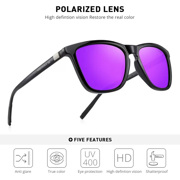 MERRYS Unisex Polarized Sunglasses for Women Men Classic Retro Designer Style Aluminum LegsBlack FramePurple Mirror LensBlack Temples
