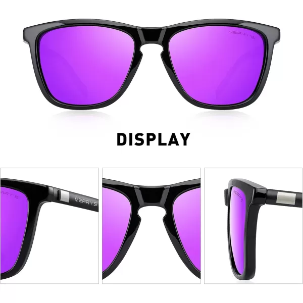 MERRYS Unisex Polarized Sunglasses for Women Men Classic Retro Designer Style Aluminum LegsBlack FramePurple Mirror LensBlack Temples