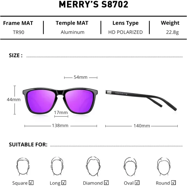 MERRYS Unisex Polarized Sunglasses for Women Men Classic Retro Designer Style Aluminum LegsBlack FramePurple Mirror LensBlack Temples