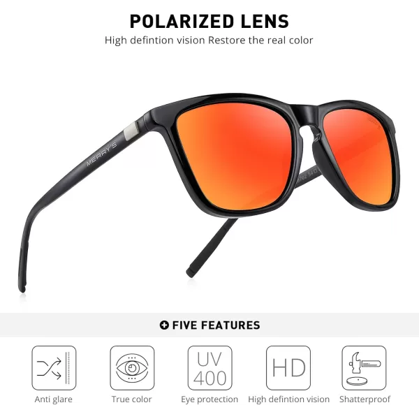 MERRYS Unisex Polarized Sunglasses for Women Men Classic Retro Designer Style Aluminum LegsBlack FrameRed Mirror LensBlack Temples