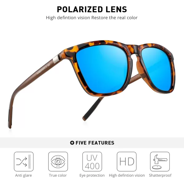 MERRYS Unisex Polarized Sunglasses for Women Men Classic Retro Designer Style Aluminum LegsLeopard FrameBlue Mirror LensBrown Temples