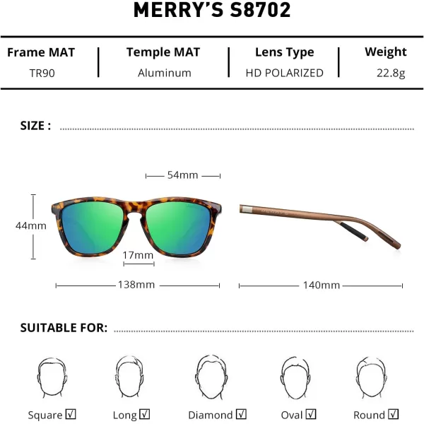 MERRYS Unisex Polarized Sunglasses for Women Men Classic Retro Designer Style Aluminum LegsLeopard FrameGreen Mirror LensBrown Temples