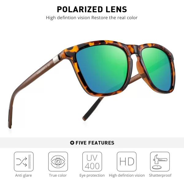 MERRYS Unisex Polarized Sunglasses for Women Men Classic Retro Designer Style Aluminum LegsLeopard FrameGreen Mirror LensBrown Temples