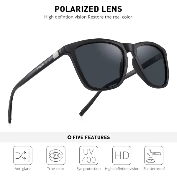 MERRYS Unisex Polarized Sunglasses for Women Men Classic Retro Designer Style Aluminum LegsMatte Black FrameBlack LensBlack Temples