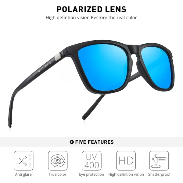 MERRYS Unisex Polarized Sunglasses for Women Men Classic Retro Designer Style Aluminum LegsMatte Black FrameBlue Mirror LensBlack Temples