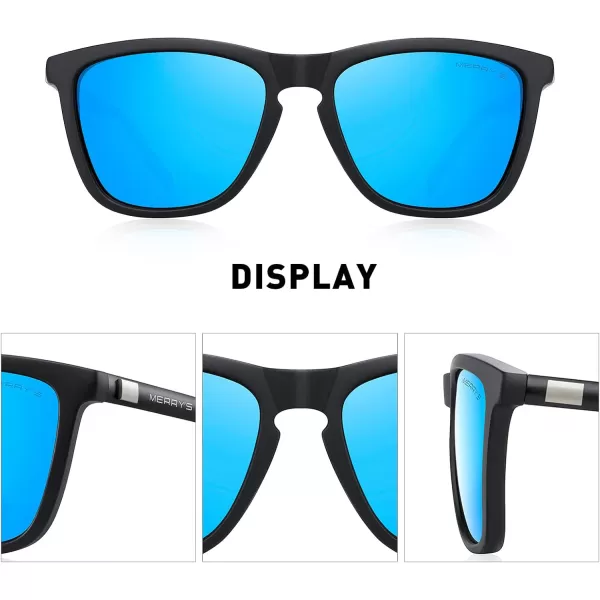 MERRYS Unisex Polarized Sunglasses for Women Men Classic Retro Designer Style Aluminum LegsMatte Black FrameBlue Mirror LensBlack Temples