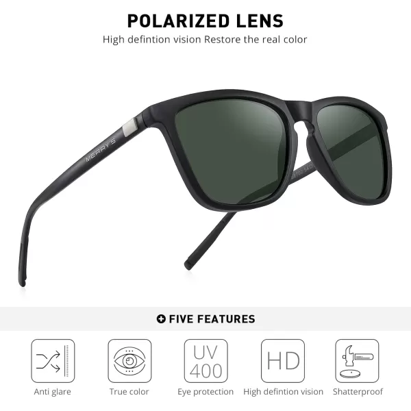 MERRYS Unisex Polarized Sunglasses for Women Men Classic Retro Designer Style Aluminum LegsMatte Black FrameG15 LensBlack Temples