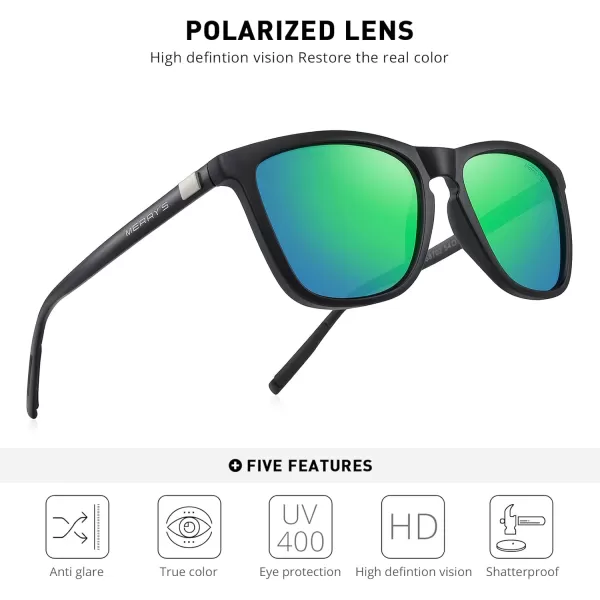 MERRYS Unisex Polarized Sunglasses for Women Men Classic Retro Designer Style Aluminum LegsMatte Black FrameGreen Mirror LensBlack Temples