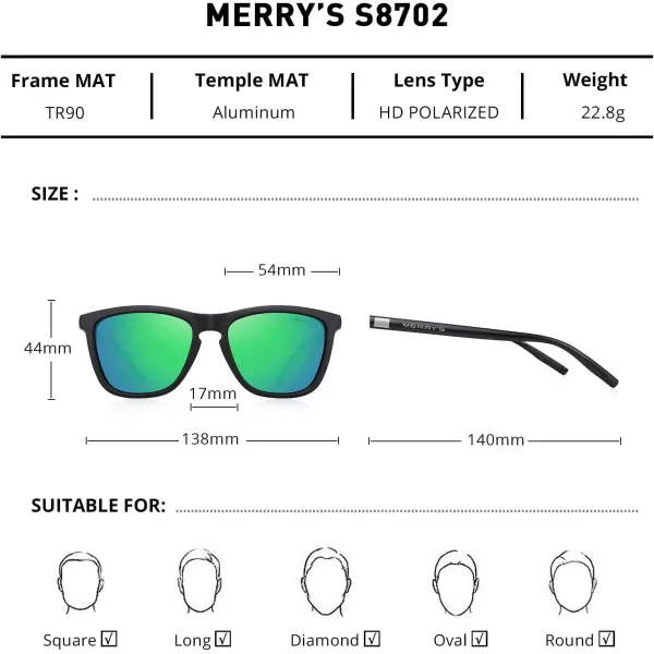 MERRYS Unisex Polarized Sunglasses for Women Men Classic Retro Designer Style Aluminum LegsMatte Black FrameGreen Mirror LensBlack Temples