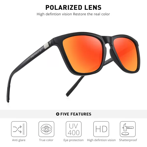MERRYS Unisex Polarized Sunglasses for Women Men Classic Retro Designer Style Aluminum LegsMatte Black FrameRed Mirror LensBlack Temples