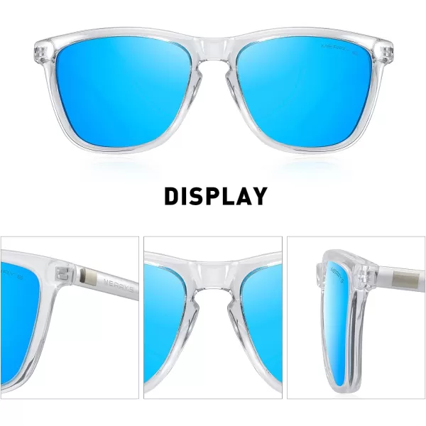MERRYS Unisex Polarized Sunglasses for Women Men Classic Retro Designer Style Aluminum LegsTransparent FrameBlue Mirror LensSilver Temples