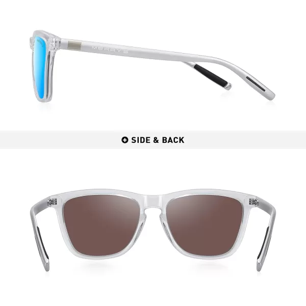 MERRYS Unisex Polarized Sunglasses for Women Men Classic Retro Designer Style Aluminum LegsTransparent FrameBlue Mirror LensSilver Temples