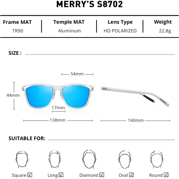 MERRYS Unisex Polarized Sunglasses for Women Men Classic Retro Designer Style Aluminum LegsTransparent FrameBlue Mirror LensSilver Temples