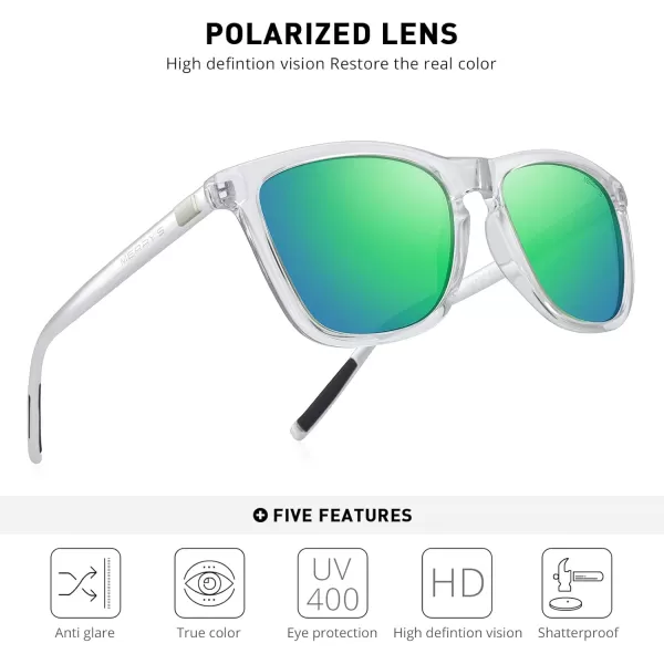 MERRYS Unisex Polarized Sunglasses for Women Men Classic Retro Designer Style Aluminum LegsTransparent FrameGreen Mirror LensSilver Temples