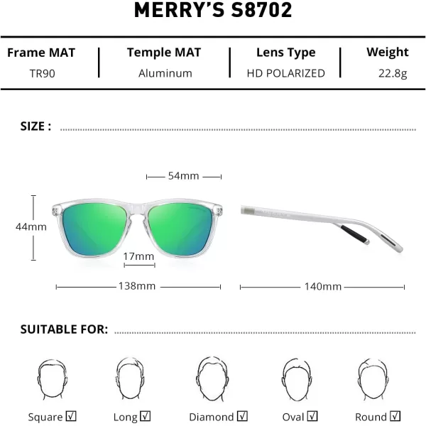 MERRYS Unisex Polarized Sunglasses for Women Men Classic Retro Designer Style Aluminum LegsTransparent FrameGreen Mirror LensSilver Temples