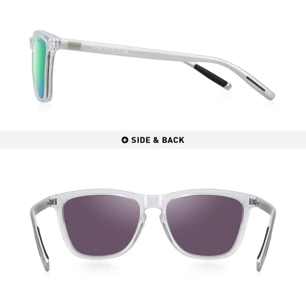 MERRYS Unisex Polarized Sunglasses for Women Men Classic Retro Designer Style Aluminum LegsTransparent FrameGreen Mirror LensSilver Temples