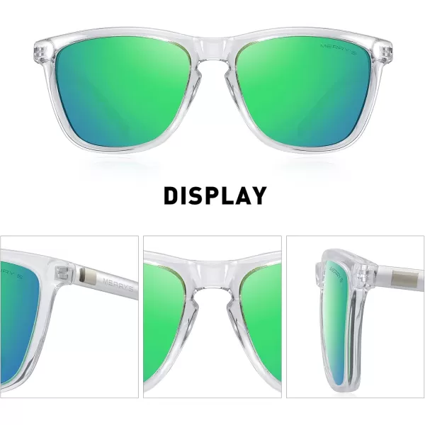 MERRYS Unisex Polarized Sunglasses for Women Men Classic Retro Designer Style Aluminum LegsTransparent FrameGreen Mirror LensSilver Temples