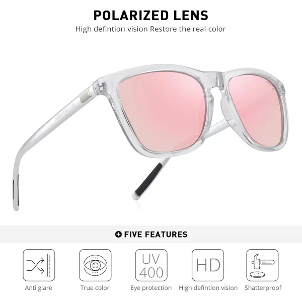 MERRYS Unisex Polarized Sunglasses for Women Men Classic Retro Designer Style Aluminum LegsTransparent FramePink Mirror LensSilver Temples