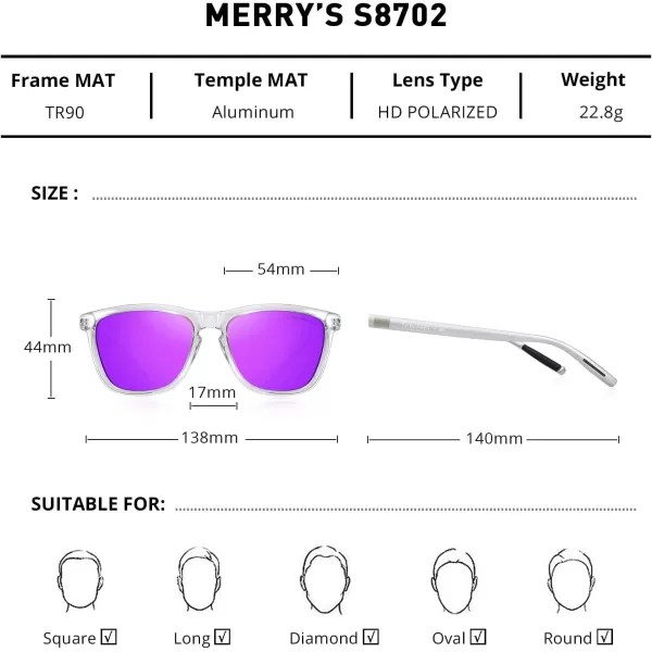 MERRYS Unisex Polarized Sunglasses for Women Men Classic Retro Designer Style Aluminum LegsTransparent FramePurple Mirror LensSilver Temples
