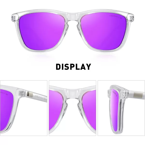 MERRYS Unisex Polarized Sunglasses for Women Men Classic Retro Designer Style Aluminum LegsTransparent FramePurple Mirror LensSilver Temples