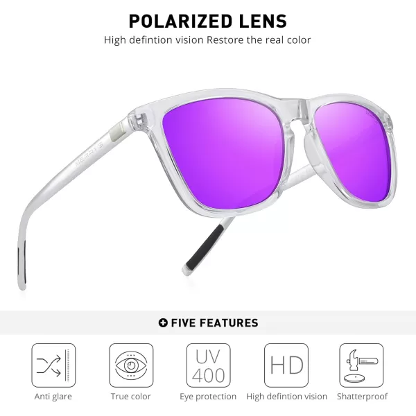 MERRYS Unisex Polarized Sunglasses for Women Men Classic Retro Designer Style Aluminum LegsTransparent FramePurple Mirror LensSilver Temples
