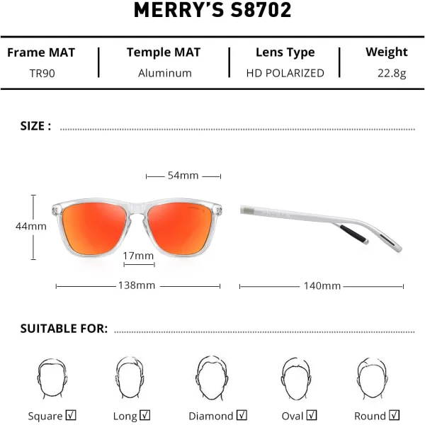MERRYS Unisex Polarized Sunglasses for Women Men Classic Retro Designer Style Aluminum LegsTransparent FrameRed Mirror LensSilver Temples