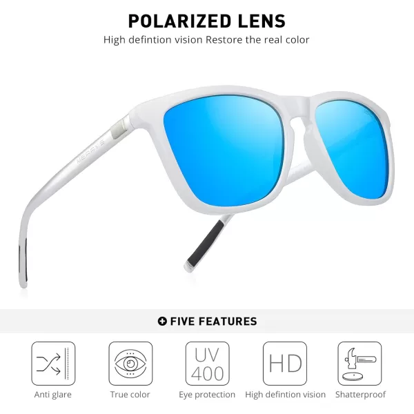 MERRYS Unisex Polarized Sunglasses for Women Men Classic Retro Designer Style Aluminum LegsWhite FrameBlue Mirror LensSilver Temples