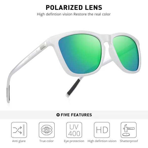 MERRYS Unisex Polarized Sunglasses for Women Men Classic Retro Designer Style Aluminum LegsWhite FrameGreen Mirror LensSilver Temples