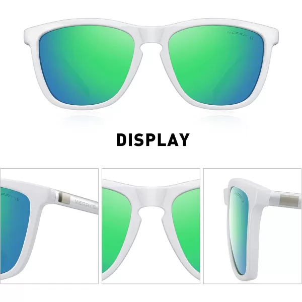 MERRYS Unisex Polarized Sunglasses for Women Men Classic Retro Designer Style Aluminum LegsWhite FrameGreen Mirror LensSilver Temples