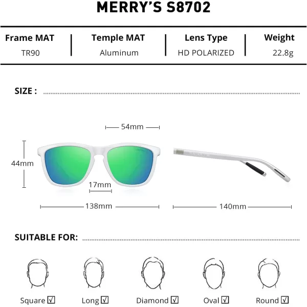 MERRYS Unisex Polarized Sunglasses for Women Men Classic Retro Designer Style Aluminum LegsWhite FrameGreen Mirror LensSilver Temples