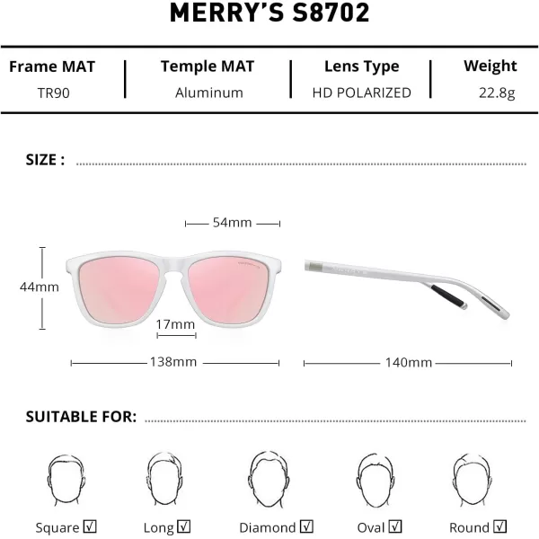MERRYS Unisex Polarized Sunglasses for Women Men Classic Retro Designer Style Aluminum LegsWhite FramePink Mirror LensSilver Temples