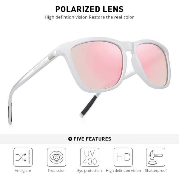 MERRYS Unisex Polarized Sunglasses for Women Men Classic Retro Designer Style Aluminum LegsWhite FramePink Mirror LensSilver Temples