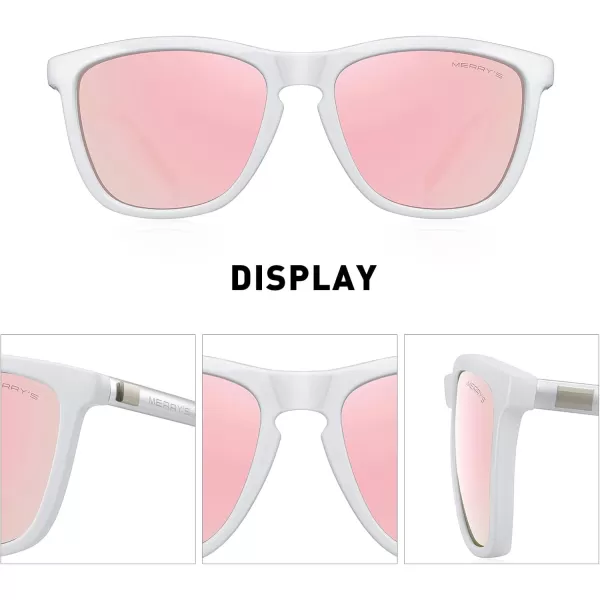 MERRYS Unisex Polarized Sunglasses for Women Men Classic Retro Designer Style Aluminum LegsWhite FramePink Mirror LensSilver Temples