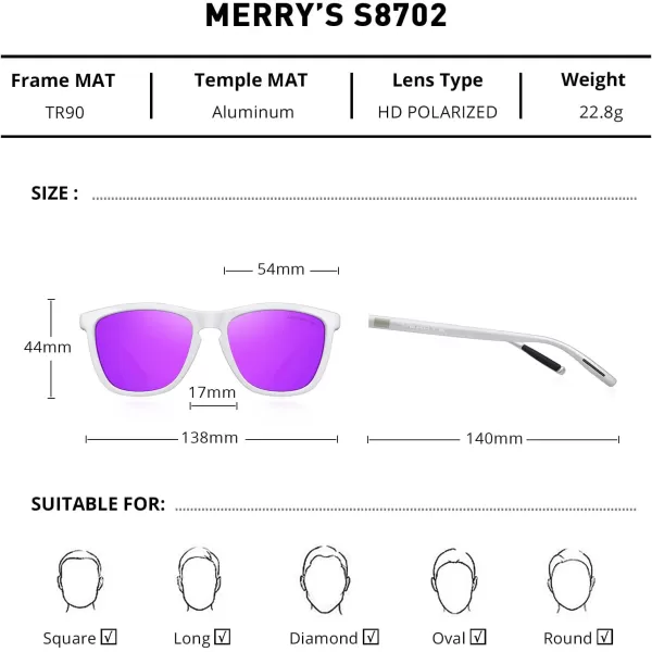 MERRYS Unisex Polarized Sunglasses for Women Men Classic Retro Designer Style Aluminum LegsWhite FramePurple Mirror LensSilver Temples