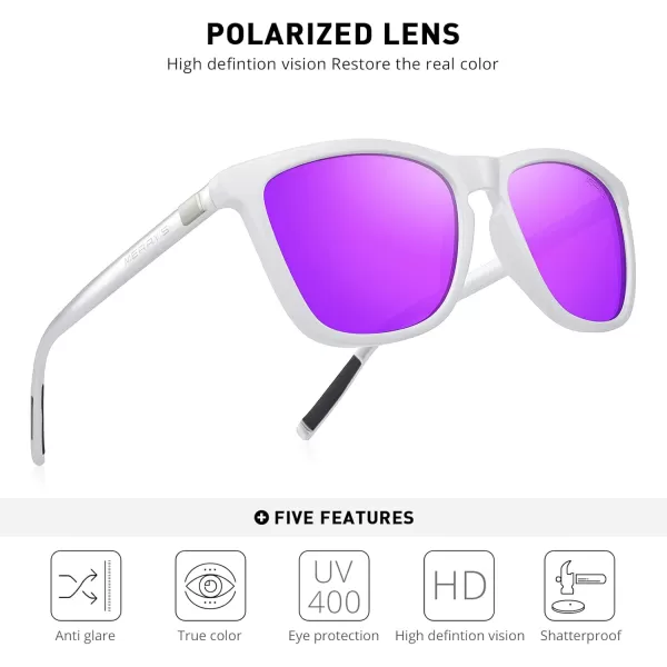 MERRYS Unisex Polarized Sunglasses for Women Men Classic Retro Designer Style Aluminum LegsWhite FramePurple Mirror LensSilver Temples