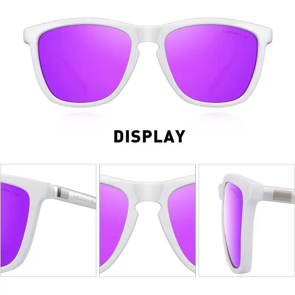 MERRYS Unisex Polarized Sunglasses for Women Men Classic Retro Designer Style Aluminum LegsWhite FramePurple Mirror LensSilver Temples