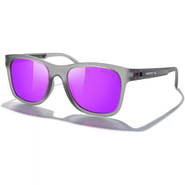 MERRYS Unisex Polarized Sunglasses for lovers Lightweight TR90 Frame Square Sun Glasses for MenWomenTra Gray FramePurple Mirror LensPurple Temples