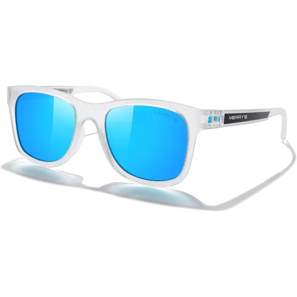 MERRYS Unisex Polarized Sunglasses for lovers Lightweight TR90 Frame Square Sun Glasses for MenWomenTransparent FrameBlue Mirror LensBlue Temples