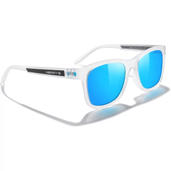 MERRYS Unisex Polarized Sunglasses for lovers Lightweight TR90 Frame Square Sun Glasses for MenWomenTransparent FrameBlue Mirror LensBlue Temples