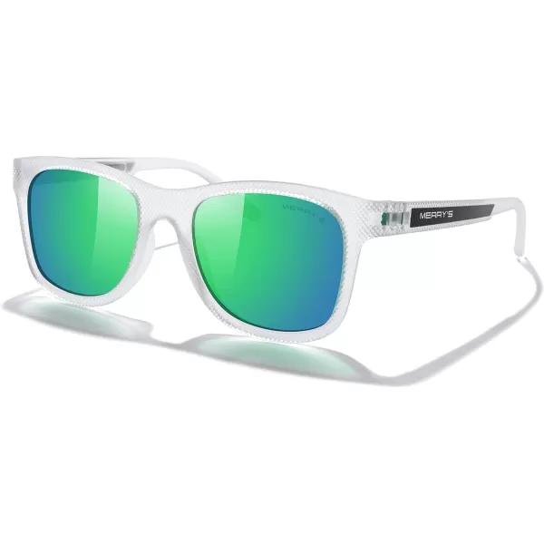 MERRYS Unisex Polarized Sunglasses for lovers Lightweight TR90 Frame Square Sun Glasses for MenWomenTransparent FrameGreen Mirror LensGreen Temples