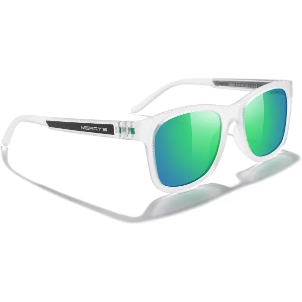 MERRYS Unisex Polarized Sunglasses for lovers Lightweight TR90 Frame Square Sun Glasses for MenWomenTransparent FrameGreen Mirror LensGreen Temples