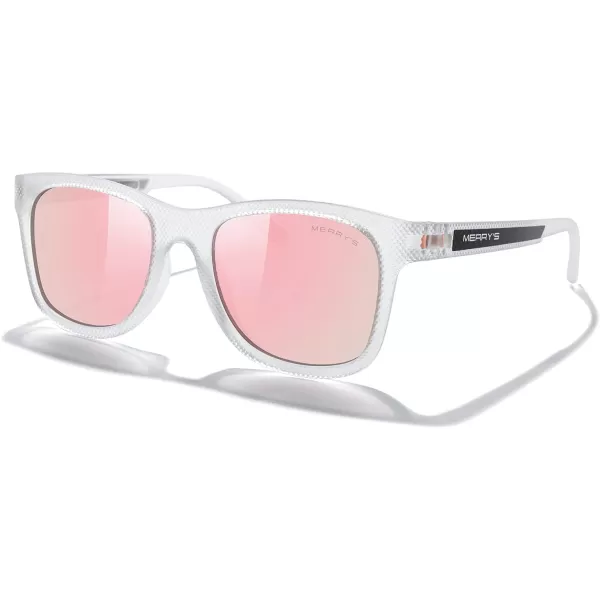 MERRYS Unisex Polarized Sunglasses for lovers Lightweight TR90 Frame Square Sun Glasses for MenWomenTransparent FramePink Mirror LensPink Temples