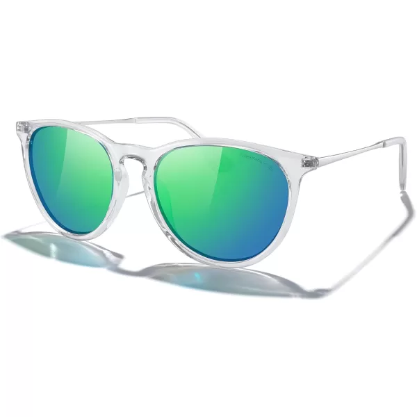 MERRYS Vintage Polarized Sunglasses for Women Men Retro Round Mirrored Lens Sun glasses UV400Transparent FrameGreen Mirror LensSilver Legs