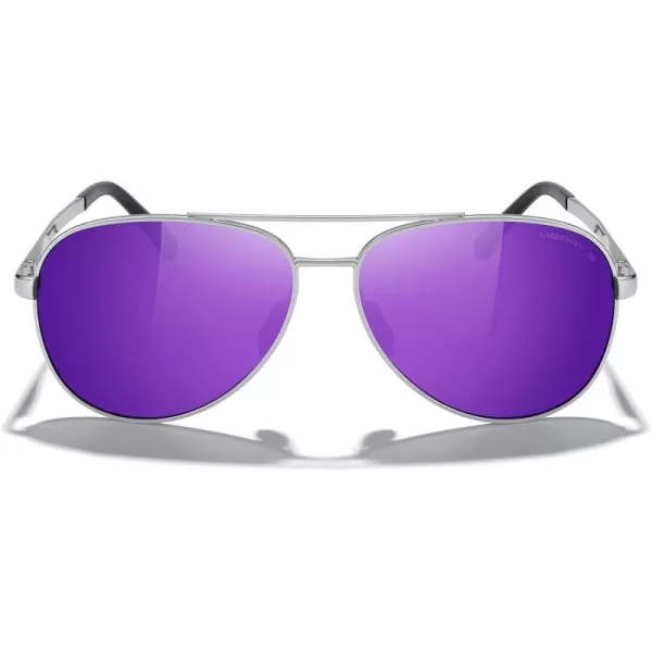 MERRYS Aviator Sunglasses for Men Women  Polarized Driving Sun glasses Mirrored Lens UV 400 Protection 58 MMSilver FramePurple Mirror Lens