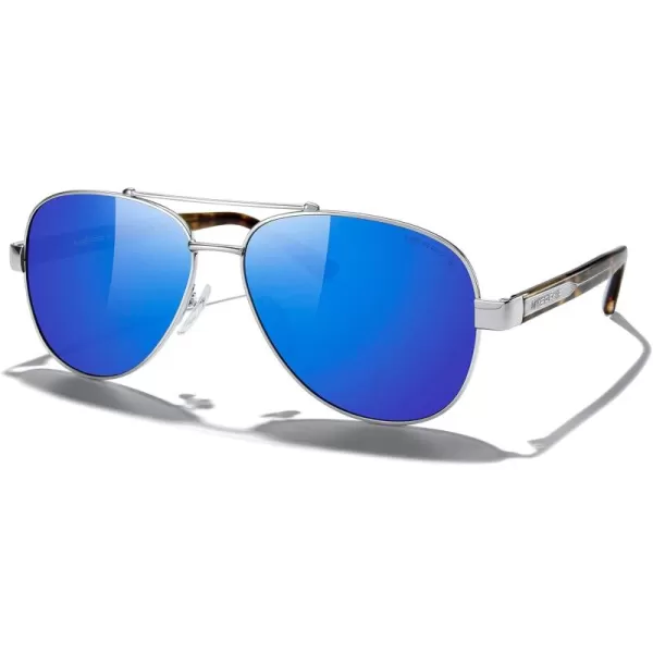MERRYS Aviator Sunglasses for Men Women Polarized Shades Acetate Temple S8528Silver FrameBlue Mirror LensLeopardsivler Temples