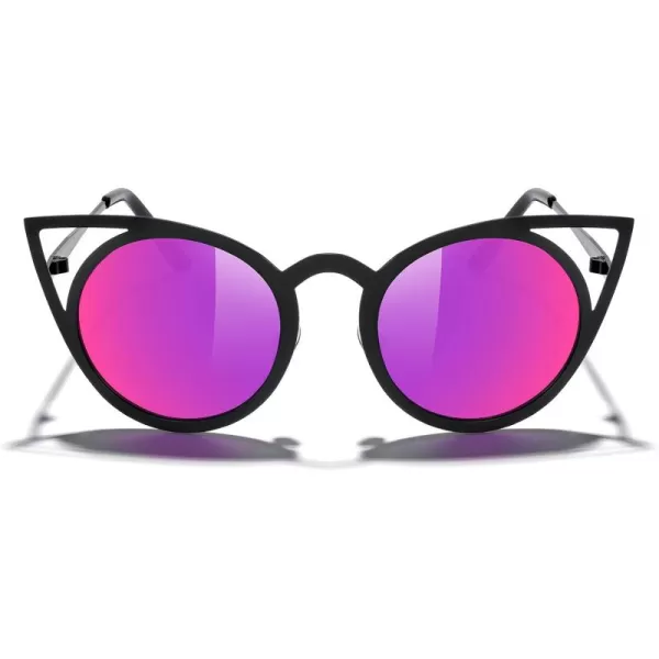 MERRYS Cat Eye Sunglasses Round Metal CutOut Flash Mirror Lens Sun glasses S8064Black Framepurple Mirror Lens