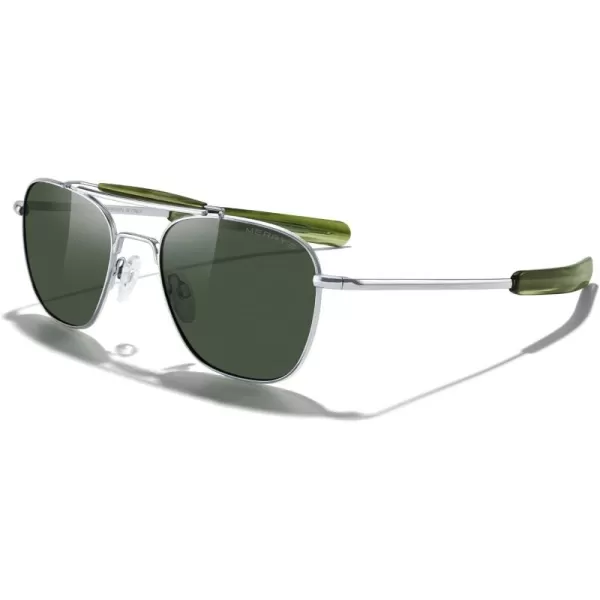 MERRYS Classic Square Aviator II Military Polarized Sunglasses for Men or Women S8637Bright Chrome FrameGreen Polarized Lens