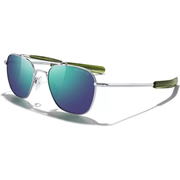 MERRYS Classic Square Aviator II Military Polarized Sunglasses for Men or Women S8637Bright ChromeGreen Mirror Polarized Lens