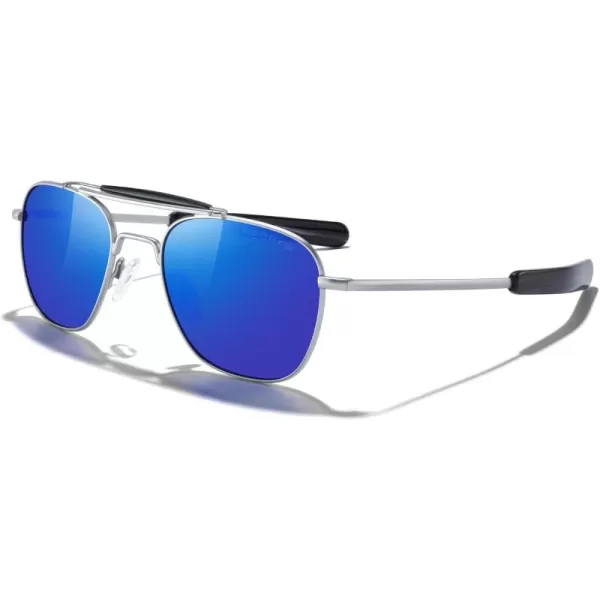 MERRYS Classic Square Aviator II Military Polarized Sunglasses for Men or Women S8637Matte Chrome FrameDark Blue Mirror Polarized Lens